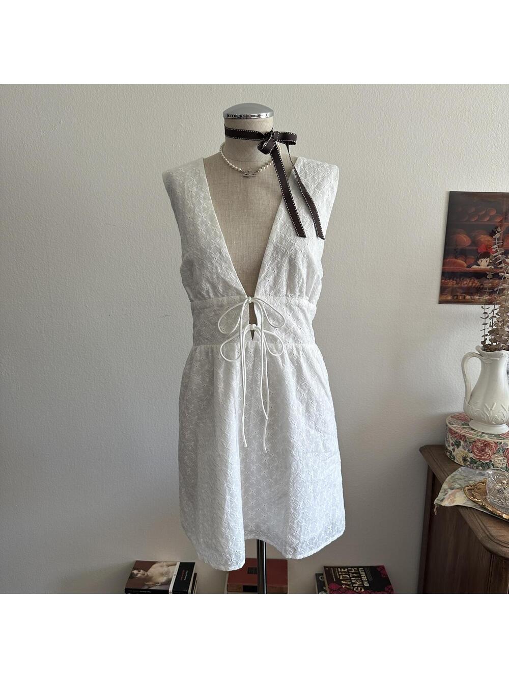 Princess Polly white embroidered tie front dress
